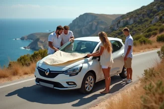 Famille avec carte routière lors d'un trajet Propriano Ajaccio en voiture sur une route côtière de Corse