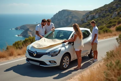 Famille avec carte routière lors d'un trajet Propriano Ajaccio en voiture sur une route côtière de Corse