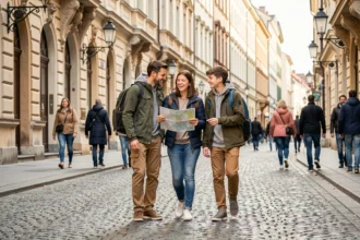 Famille avec enfants visitant les rues historiques de Vienne à petit budget