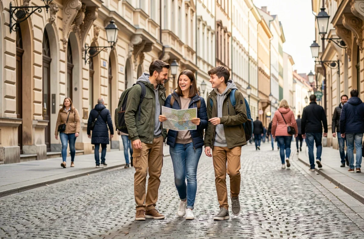 Famille avec enfants visitant les rues historiques de Vienne à petit budget