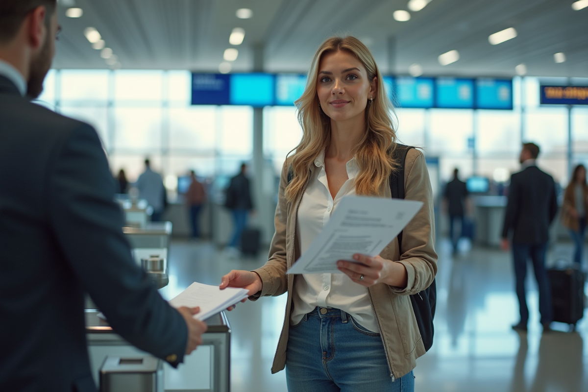 Femme à l'aéroport avec passeport et documents de voyage