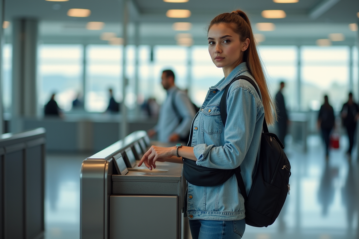 Jeune femme à l'aéroport avec sac banane noir