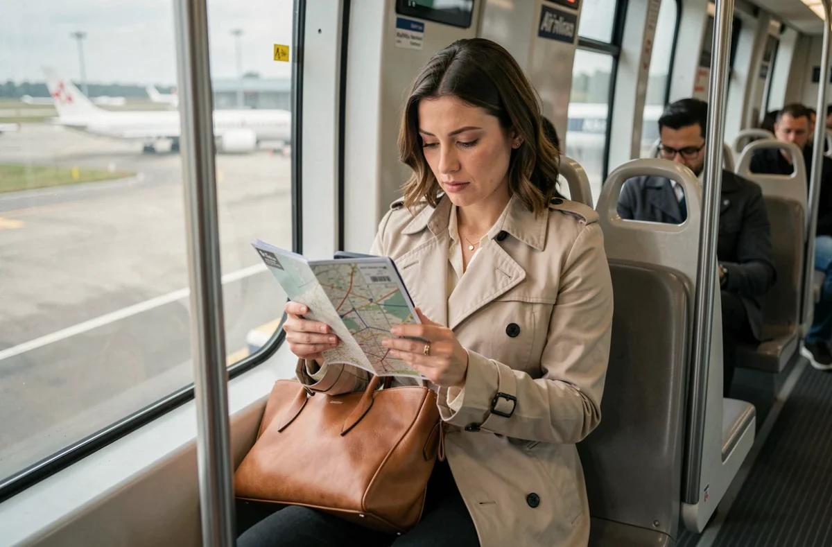 Femme consultant une carte de transport dans l'AirTrain reliant l'aéroport de New York à Manhattan