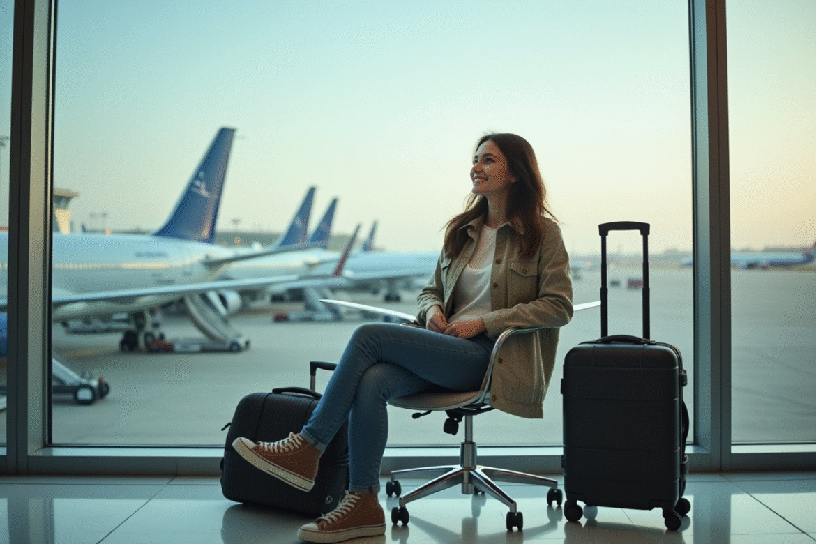 Jeune femme souriante à l'aéroport regardant dehors