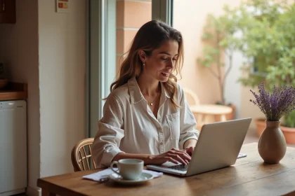 Femme consultant des avis de location de vacances sur un ordinateur portable dans un appartement méditerranéen loué