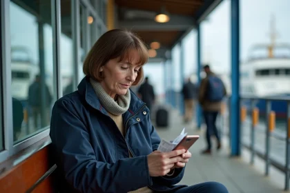 Femme avec billet de ferry et smartphone au terminal