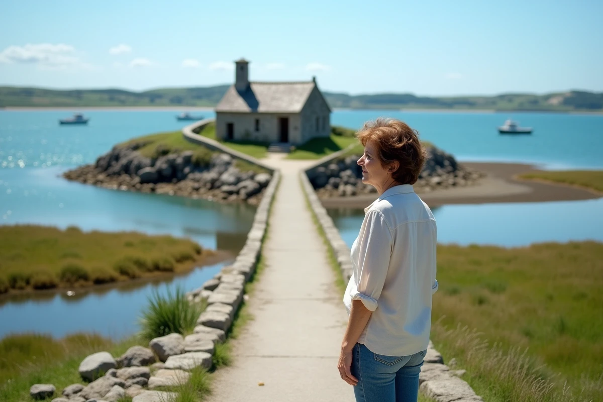 Femme regardant l'île Saint Cado en Bretagne