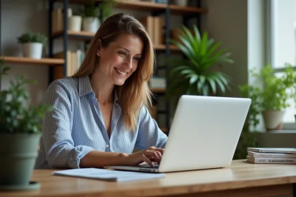 Femme en bureau moderne planifiant un voyage sur son ordinateur