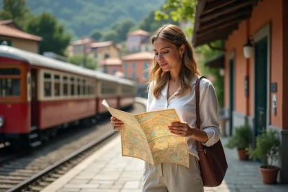 Femme regardant une carte de Cinque Terre près d'une gare