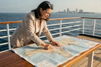 Femme consultant une carte nautique sur le pont d'un bateau de croisière aux États-Unis