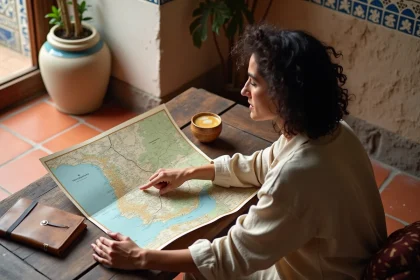 Femme consultant une carte du nord du Maroc dans un riad traditionnel, planifiant un voyage sur mesure