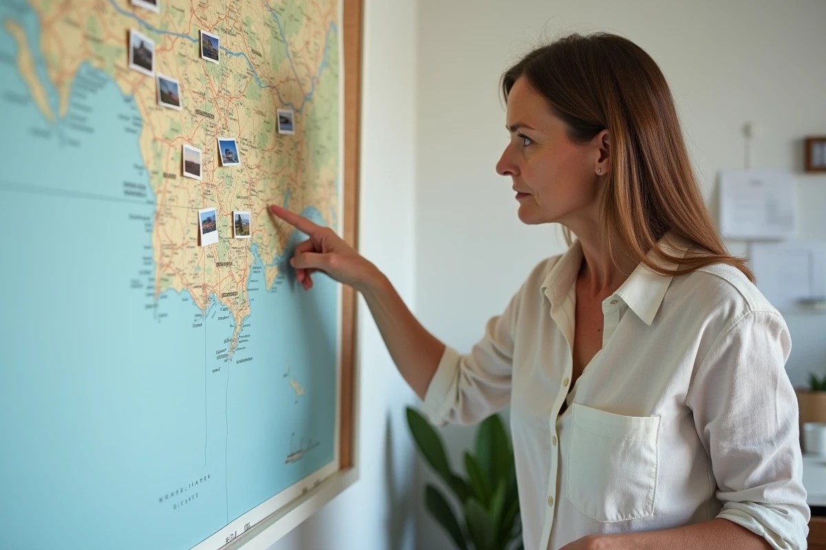 Femme consultant une carte imprimée de la Normandie épinglée sur un tableau liège dans un bureau