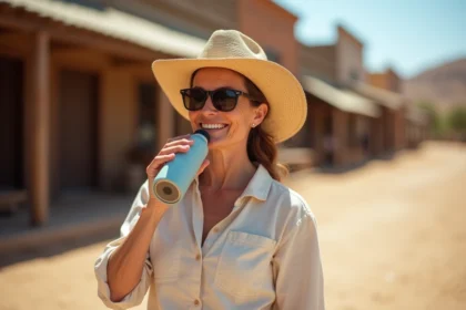 Femme souriante portant chapeau de paille à Oasys Mini Hollywood