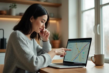 Femme comparant plusieurs itinéraires routiers sur une application de cartographie Mappy sur son ordinateur portable dans une cuisine moderne