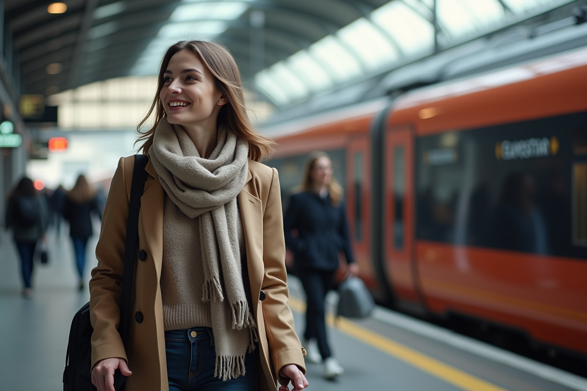 Jeune femme souriante montant dans un train Eurostar sur une plateforme moderne
