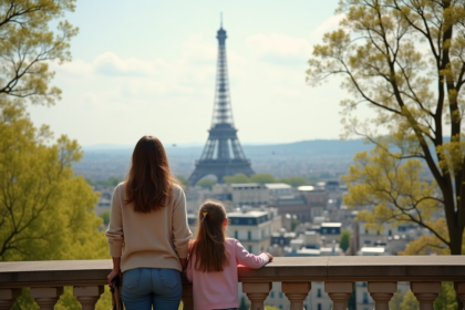 Femme et fille regardant la tour Eiffel à Paris