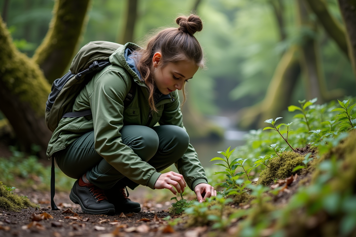 Jeune femme examine plantes sauvages en forêt