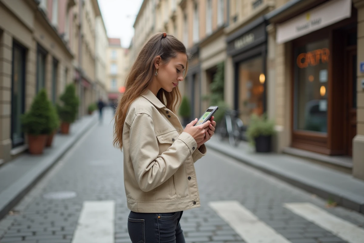 Femme consultant Google Maps à pied dans une rue urbaine pavée avec itinéraire affiché sur smartphone