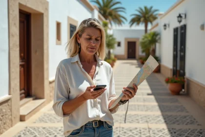 Femme examinant une carte devant un hôtel à Djerba