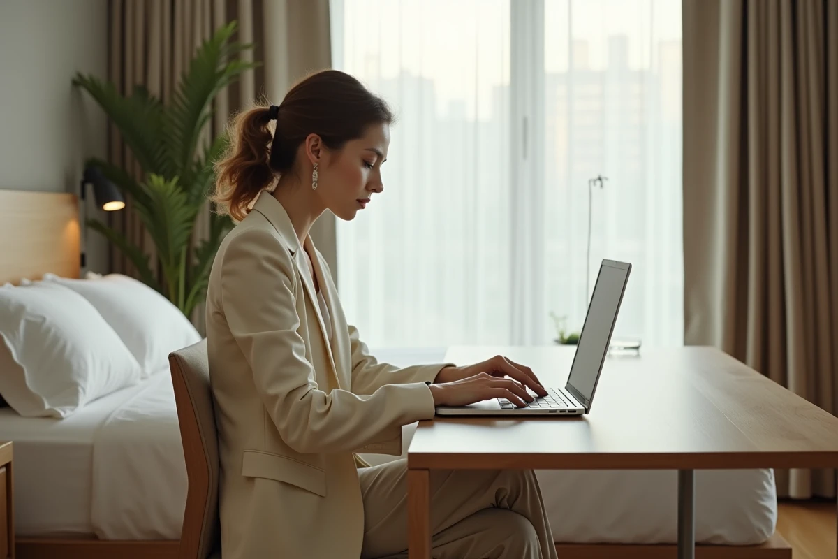 Femme travaillant en toute discrétion dans une chambre d'hôtel de jour moderne et épurée