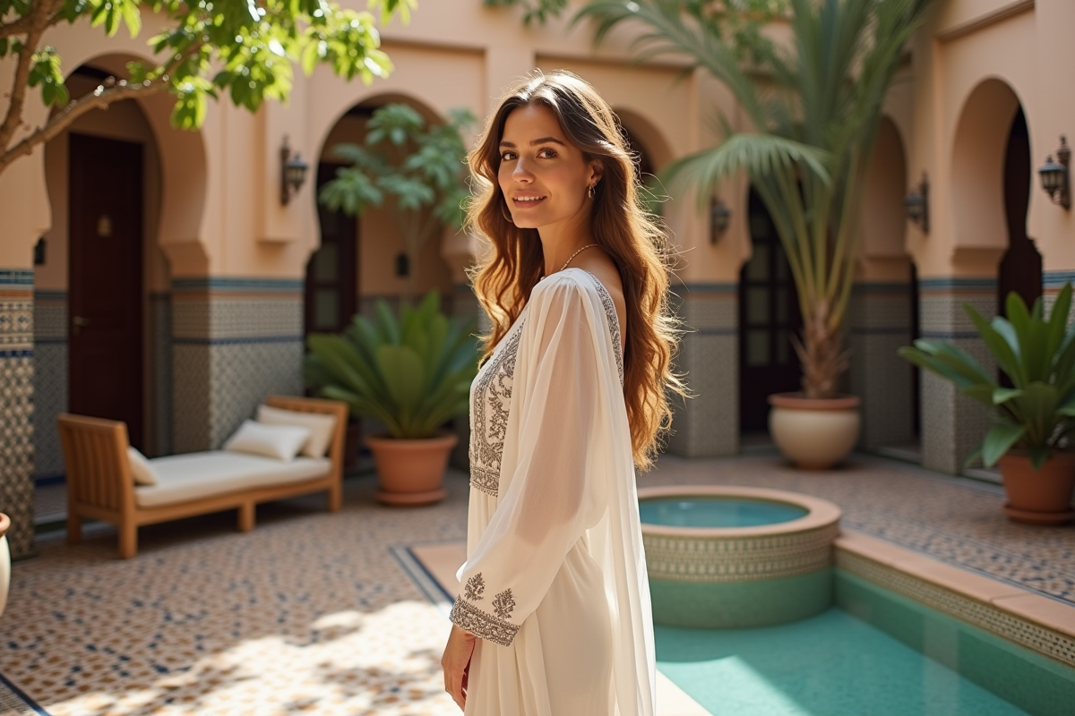 Femme en kaftan blanc dans un riad de Marrakech