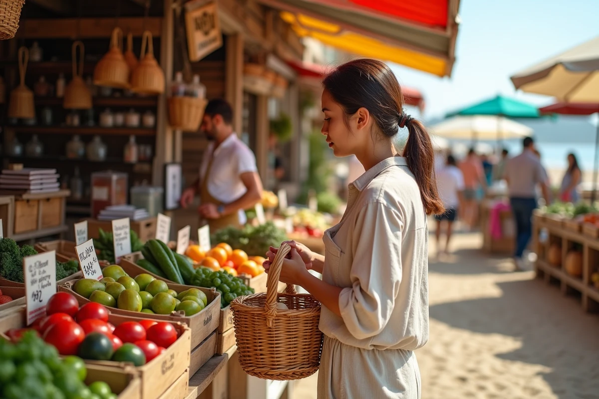 Femme faisant son marché en plein air à Fort Mahon plage avec des étals de produits locaux