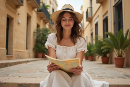 Jeune femme souriante en Mdina avec carte et chapeau