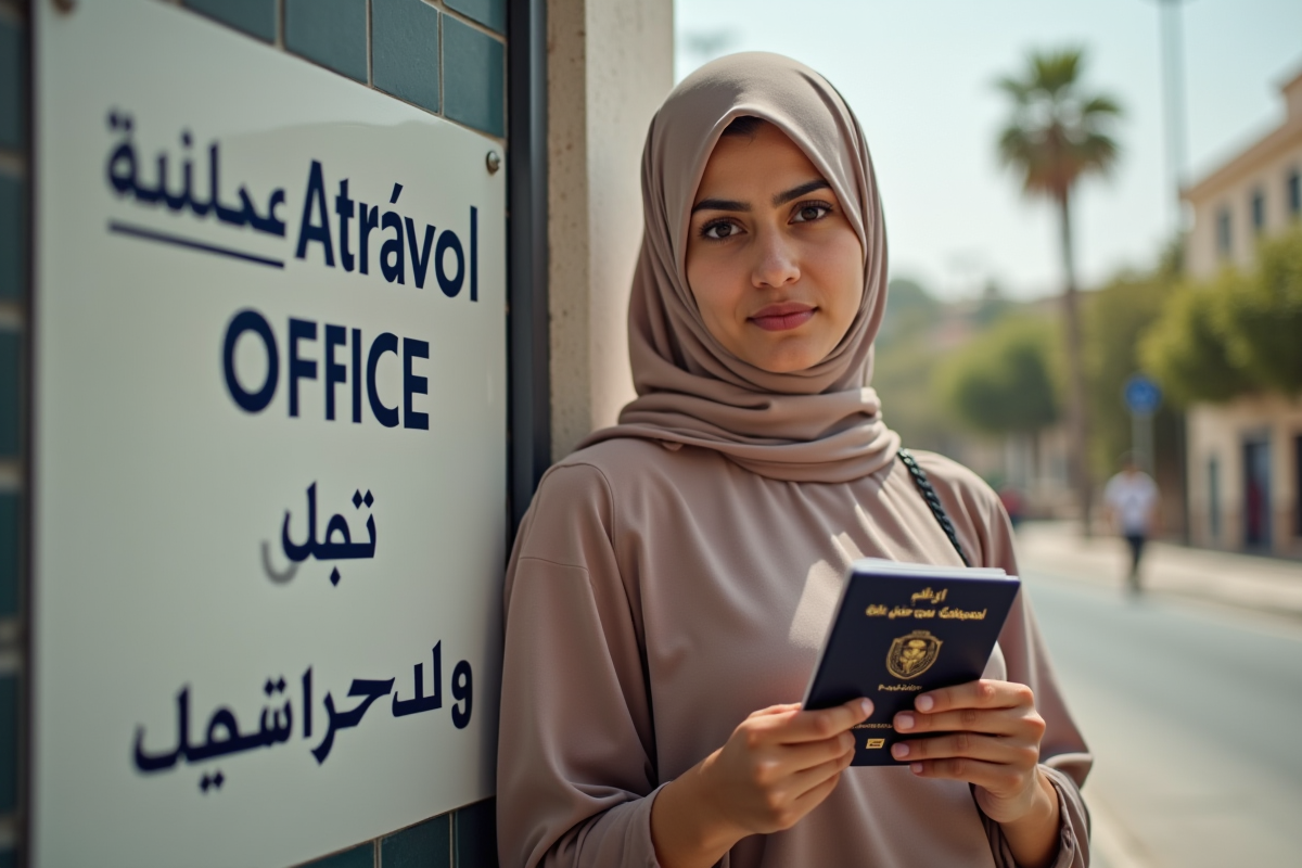 Jeune femme nord-africaine avec passeport et signale travel