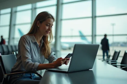 Jeune femme à l'aéroport compare ses vols avec son ordinateur
