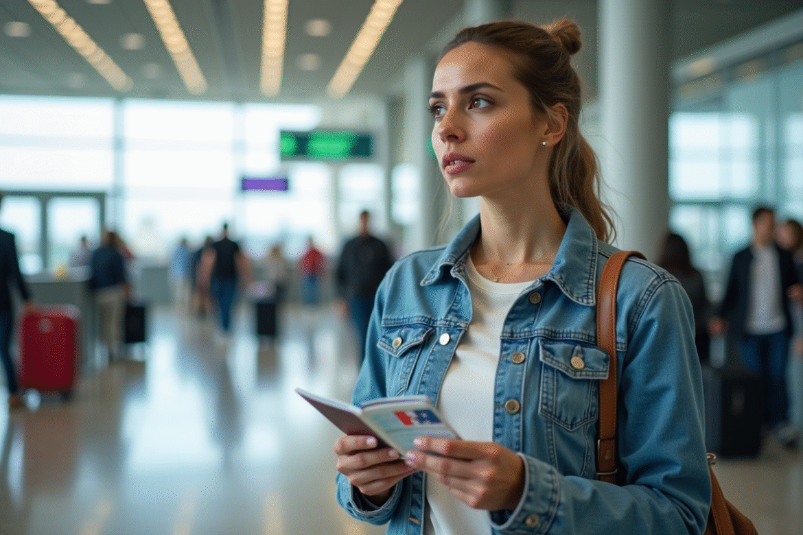 Femme tenant ses pièces d'identité à l'aéroport
