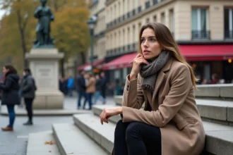 Jeune femme assise sur les escaliers de la place de la Republique