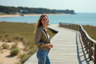 Femme souriante face à la mer à Arcachon