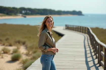 Femme souriante face à la mer à Arcachon