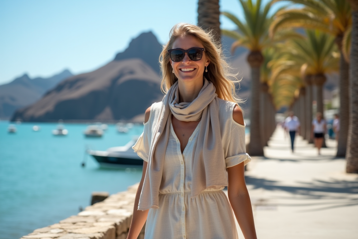 Femme souriante en promenade sur la côte des Canaries