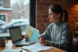 Femme consultant une carte routière Montréal New York avec un budget de voyage sur ordinateur portable dans un appartement de Montréal