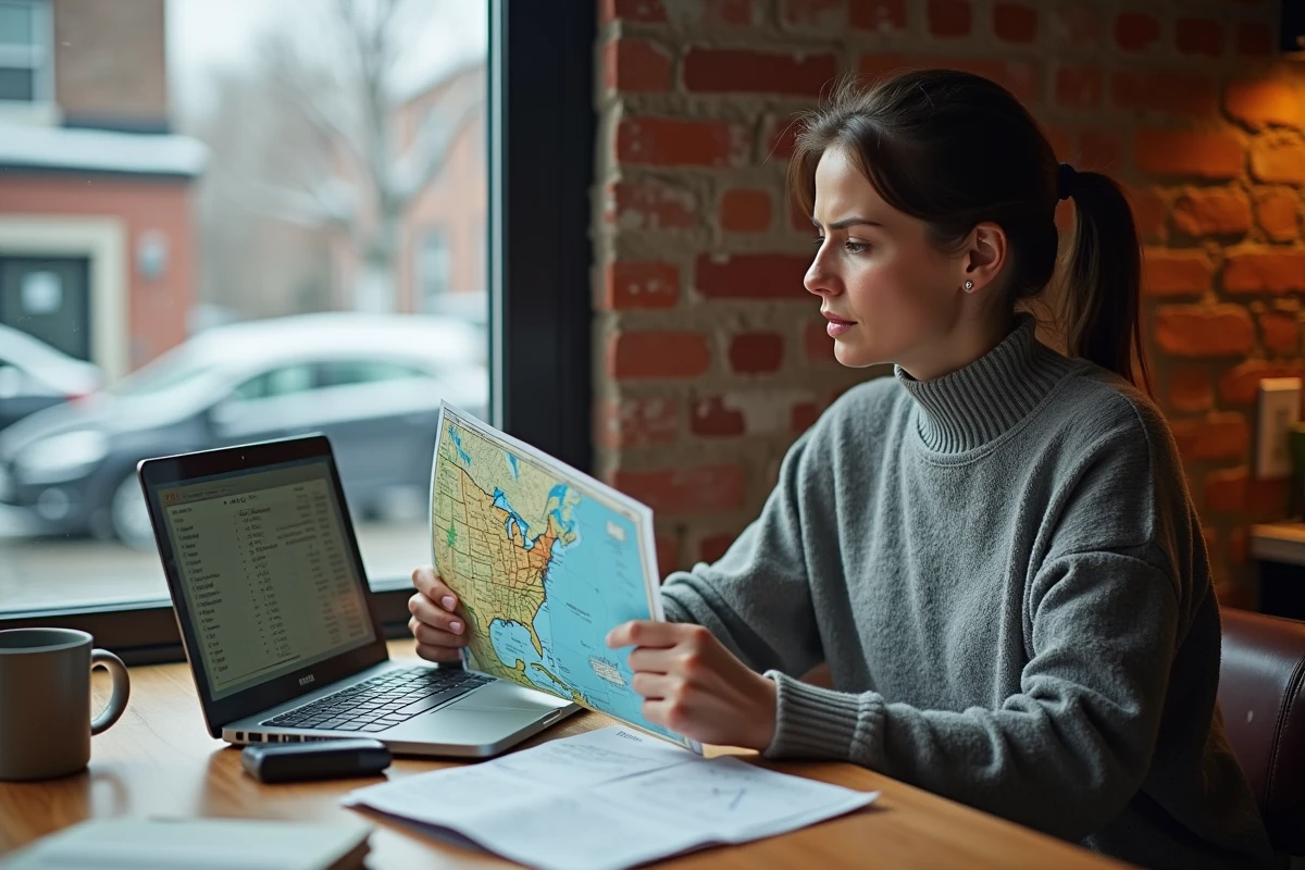 Femme consultant une carte routière Montréal New York avec un budget de voyage sur ordinateur portable dans un appartement de Montréal