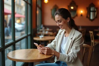 Femme consultant l'application ViaMichelin dans un café français pour planifier un voyage