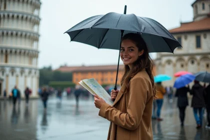 Jeune femme avec parapluie et carte à Pisa sous la pluie