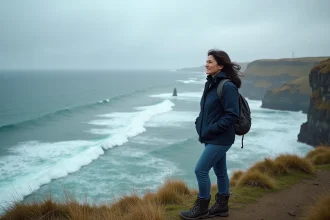Femme en randonnée à Pointe du Raz face à l'océan