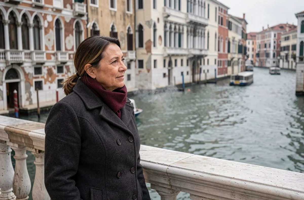 Femme en manteau d'hiver sur le pont du Rialto à Venise contemplant le Grand Canal