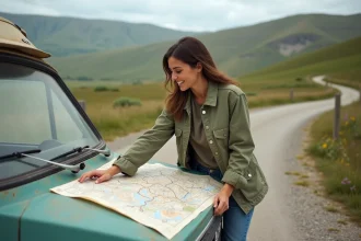 Femme préparant un road trip en Auvergne avec une carte routière dépliée sur un van vintage devant les volcans du Massif Central