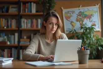Femme cherchant une ville en X sur son ordinateur portable dans un bureau à domicile entouré de cartes et de guides de voyage