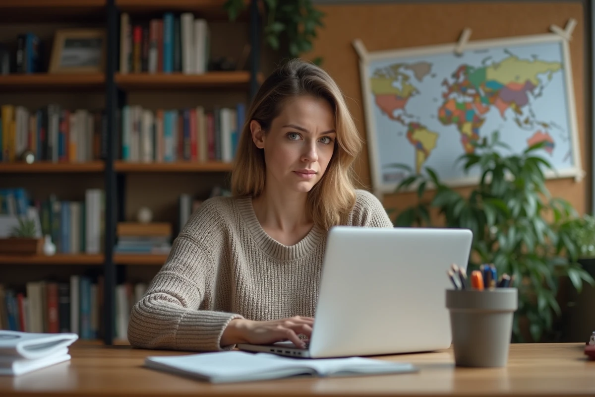 Femme cherchant une ville en X sur son ordinateur portable dans un bureau à domicile entouré de cartes et de guides de voyage