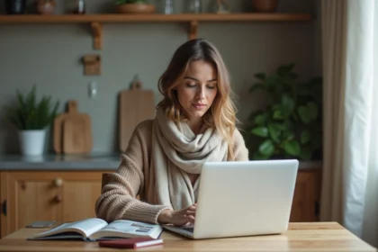 Femme assise à la maison recherchant un voyage sur son ordinateur portable