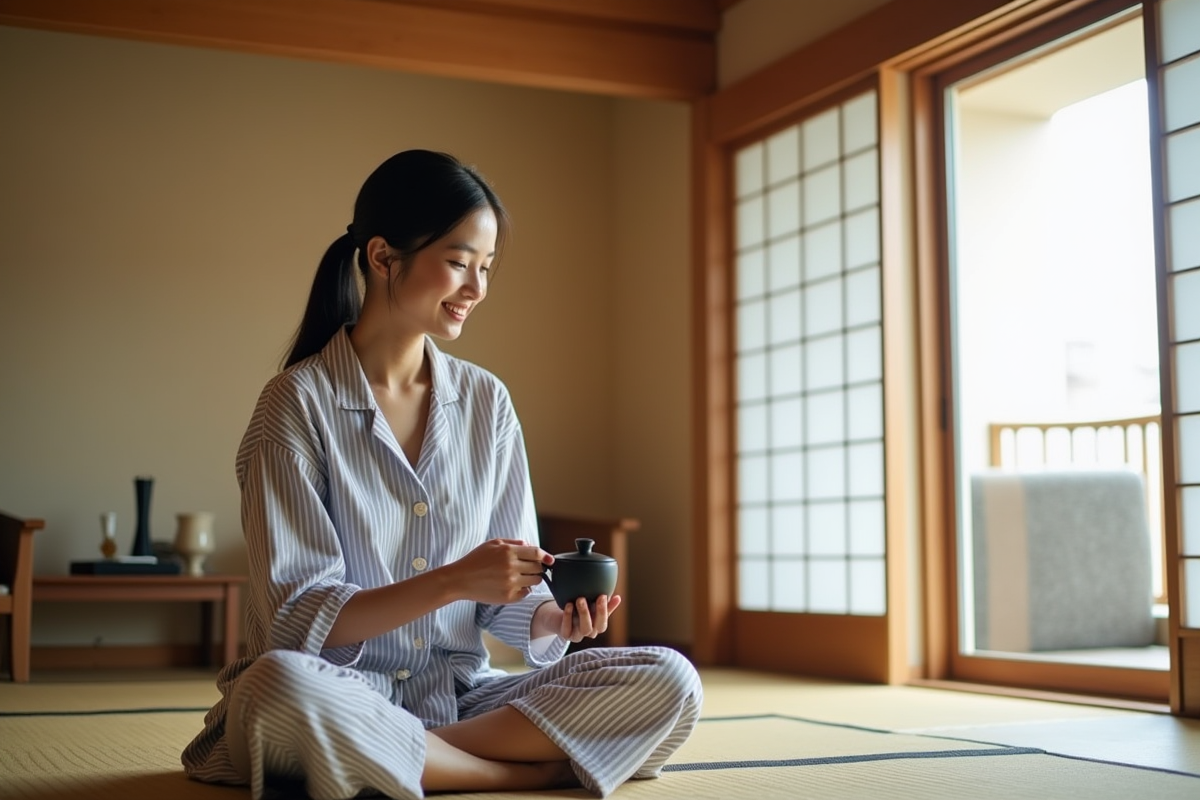 Jeune femme japonaise en pyjamas servant du thé dans un ryokan