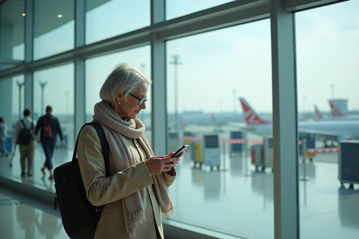Femme senior lisant des consignes de voyage au terminal