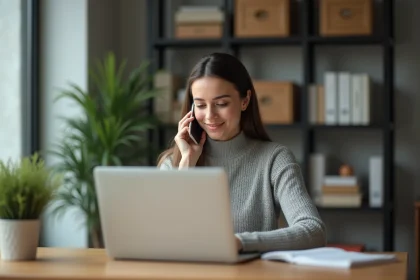 Femme contactant le service client BlaBlaCar par téléphone depuis son bureau à domicile