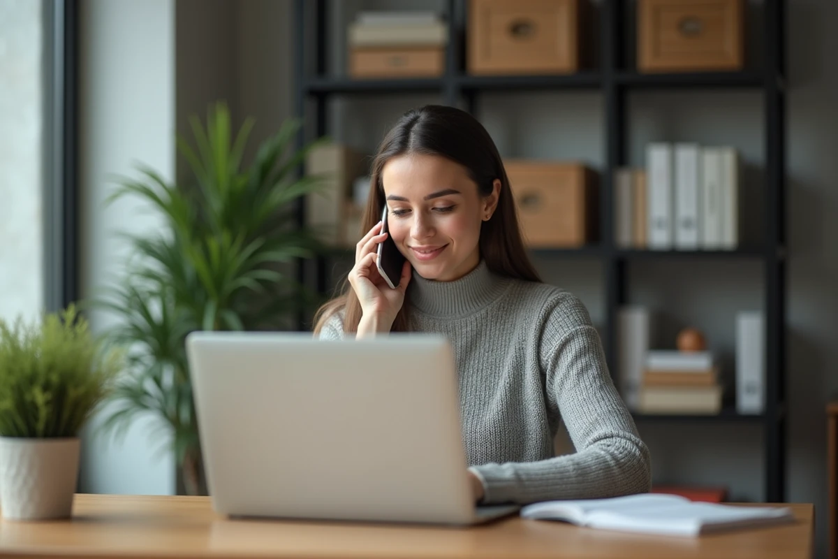 Femme contactant le service client BlaBlaCar par téléphone depuis son bureau à domicile