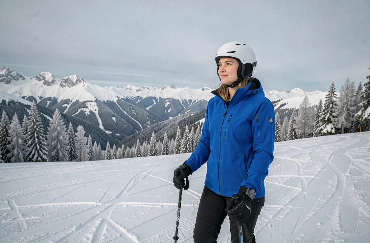 Jeune femme en veste de ski bleue au sommet d'une piste enneigée avec vue panoramique sur les montagnes