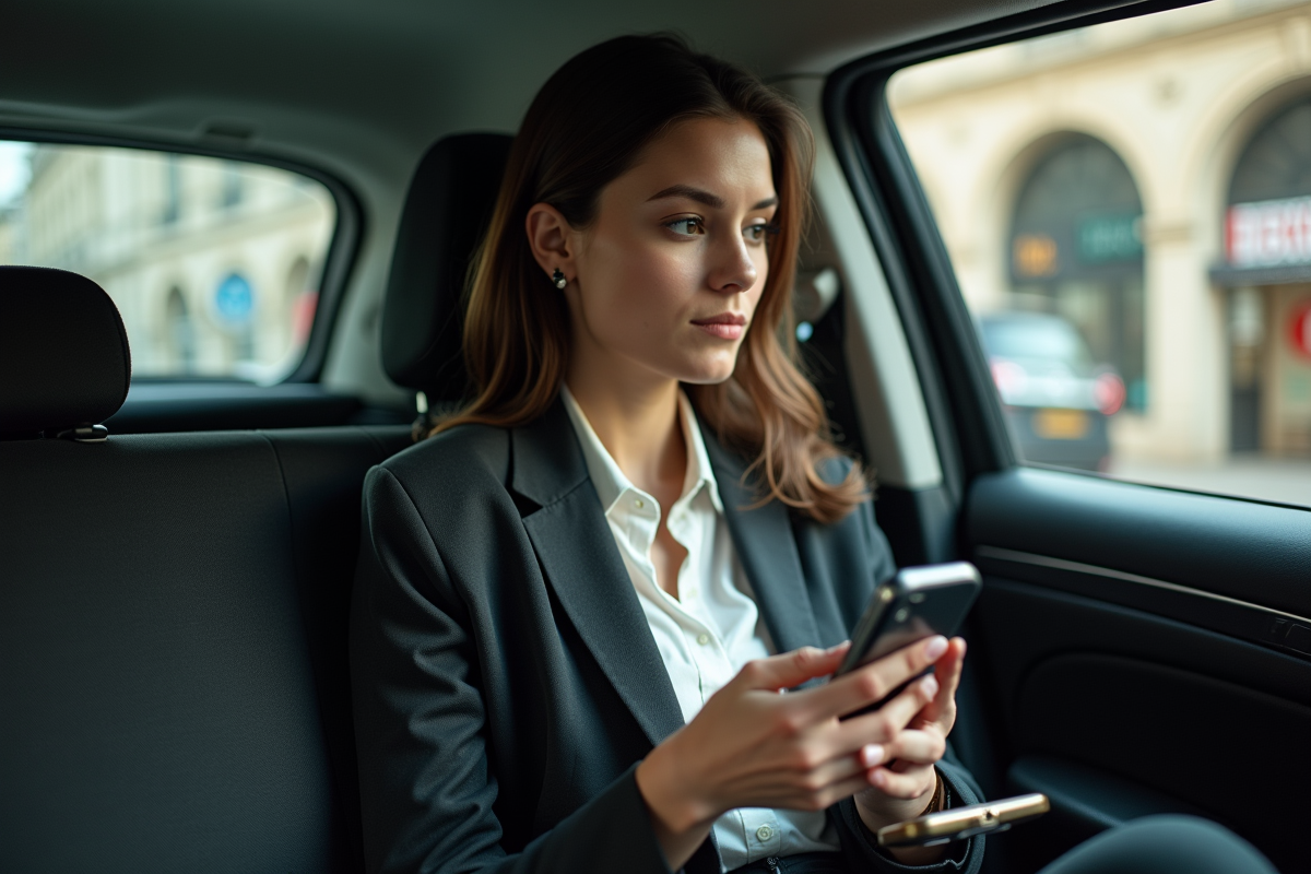 Jeune femme en taxi regardant par la fenêtre avec son smartphone
